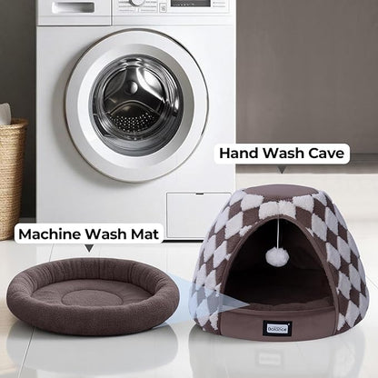 BALANCE Cat Beds for Indoor Cats, 2-in-1 Cat Bed Cave with Anti-Slip Bottom and Ultra-Soft Plush, Cozy Cats House Tent for Kittens and Small Dogs, 21 Inches, Dark Brown