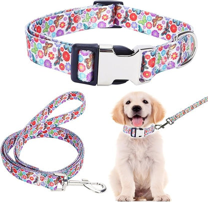 Small Dog Collar and Leash Set, Pretty Design Print Colorful Flower and Butterfly Pet Collars for Small Medium Large Breed Female Dogs Girls Cats, S