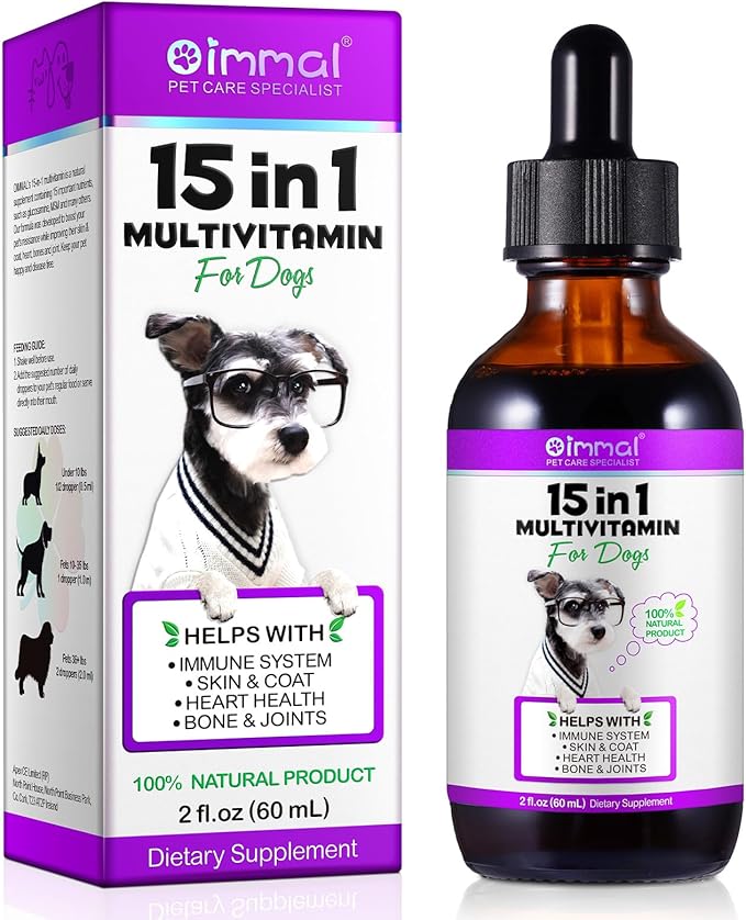 Dog Multivitamin, 15 in 1 Dog Multivitamin Liquid Drops Supplements for Skin & Coat, Heart Health, Bones and Joint, Dogs Vitamins with Glucosamine and MSM, Immune System Support -60ml