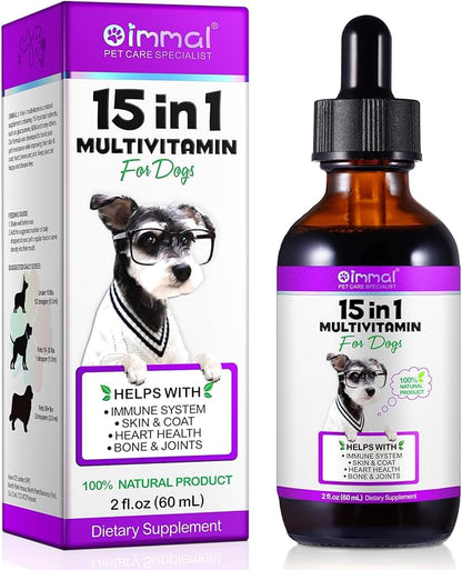 Dog Multivitamin, 15 in 1 Dog Multivitamin Liquid Drops Supplements for Skin & Coat, Heart Health, Bones and Joint, Dogs Vitamins with Glucosamine and MSM, Immune System Support -60ml