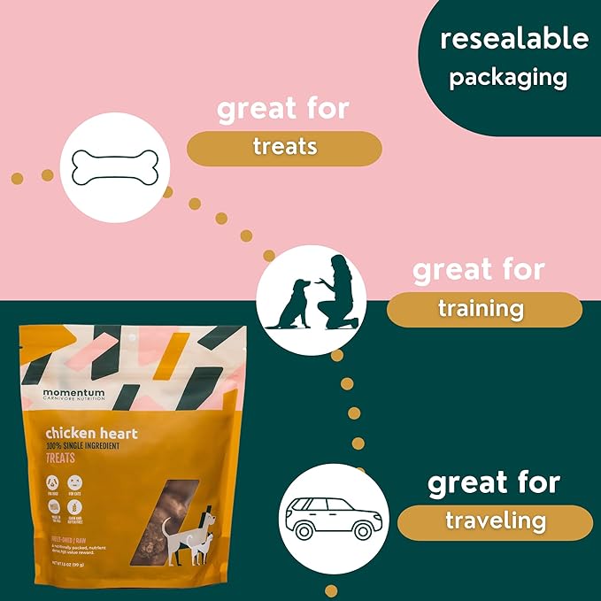 Momentum Carnivore Nutrition Freeze-Dried Chicken Heart Dog Treats & Cat Treats – Single-Ingredient, High-Protein, Grain-Free, Naturally Nutrient-Rich – Made in USA – 3.5 oz Bag