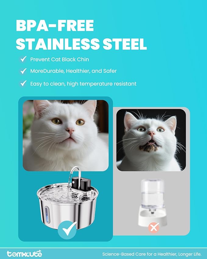 Wireless Cat Water Fountain - 108oz/3.2L Automatic Cat Water Fountain Cordless, Stainless Steel Battery Operated Pet Fountain Rechargeable Water Dispenser for Cats, Dogs, Multiple Pets
