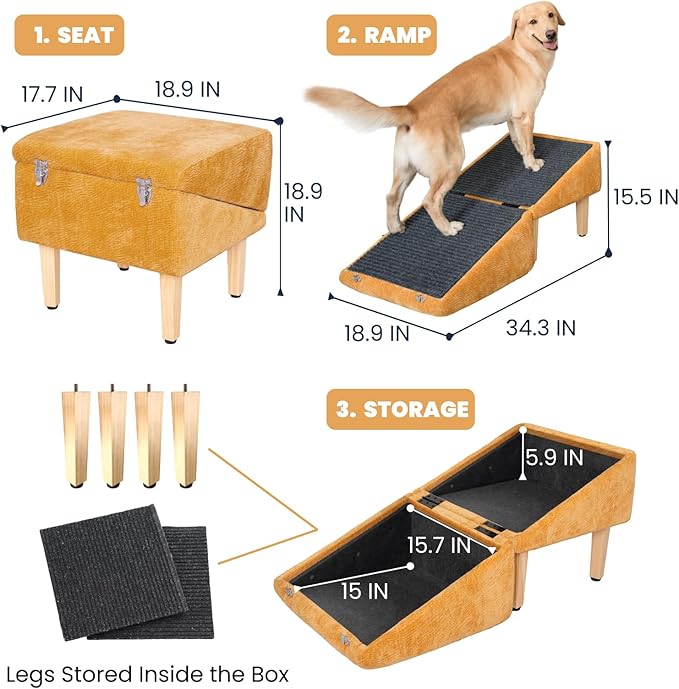 3-in-1 Dog Ramp 18.9"×17.7"×18.9" with Storage – Pet Stairs for Senior & Injured Dogs & Cats, Hidden Storage Footstool, Ottoman Anti-Slip, Supports 220 lbs for Beds & Sofas