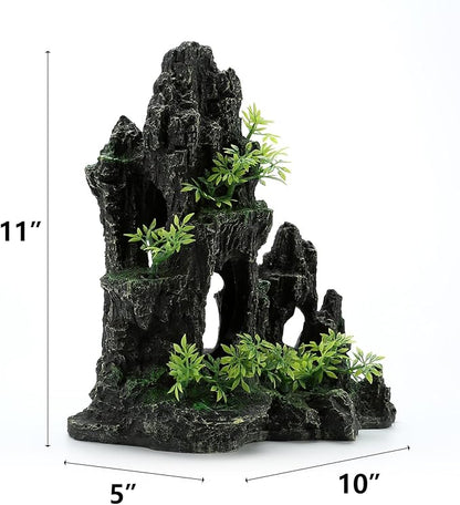 Aquarium Decorations Large Mountain View Stone Ornaments, Fish Tank Decorations Extra Large and Tall Aquarium Decor for Fish Tank Hideout Tree House Rock Cave for Small Fish Betta Hideaway Cave