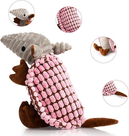Hollypet Plush Dog Squeaky Toy Stuffed Armadillo Animal Pet Puppy Chew Toys with Clean Teeth for Small Medium Large All Breed Sizes Dogs, Pink, 8 in