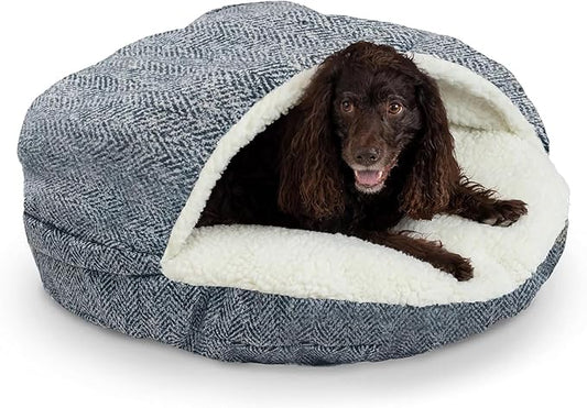 Snoozer Cozy Cave Dog Bed - Indoor Dog Bed with Cover Cave, Covered Calming Burrow for Small Sized Pets with Blanket Attached, Enclosed, Removable Washable Cover - Small, Palmer Indigo