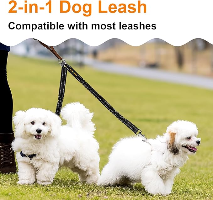 MingXpet 2 Dog Leash, Dog Leash for 2 Dogs, 360° Swivel No Tangle Double Walking Training Leashes for Small Dogs, Comfortable Shock Absorbing Reflective Bungee, Black
