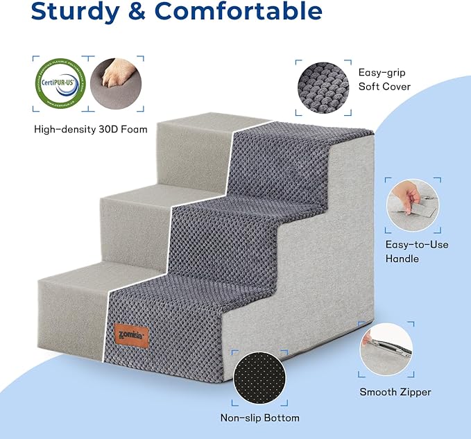 Dog Steps for Couch - Pet Stairs for Small Dogs and Cats, Dog Steps with Non-Slip Bottom Grey 3 Steps, Grey