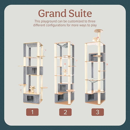 Ascentials - Grand Suite Cat Scratcher Playground - Tall Cat Tower Playground Structure, Sisal Scratching Areas, Grey Felt, Bamboo Veneer w/Linen & Velvet Surface Areas