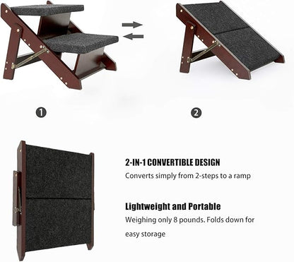 MEWANG Wooden Pet Stairs/Pet Steps - 2-in-1 Foldable Stairs & Ramp for Beds and Cars - Portable Dog/Cat Ladder Up to 110 Pounds - Great for Small and Older Animals(Brown) (Tan, 49 * 10 * 55.5, 1)