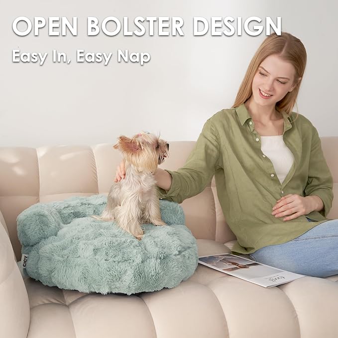 EHEYCIGA Extra Small Dog Bed and Cat Couch for Puppy and Kitten - Fluffy Faux Rabbit Fur Pet Sofa with Washable Removable Cover, Waterproof and Non-Slip, 20 Inch, Sage Green