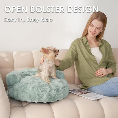 EHEYCIGA Extra Small Dog Bed and Cat Couch for Puppy and Kitten - Fluffy Faux Rabbit Fur Pet Sofa with Washable Removable Cover, Waterproof and Non-Slip, 20 Inch, Sage Green
