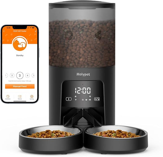 Molypet Automatic Cat Feeder 2 Cats - 5G WiFi Pet Feeder with APP Control, 6L Dry Food Dog Feeder with Blockage Alarms, 1-10 Meals Per Day