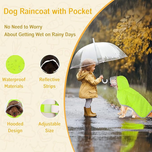 Dog Raincoat, Adjustable Dog Rain Jacket with Hood, Poncho with Reflective Straps for Small Medium Dogs, Lightweight Puppy Clothes (Green, L)