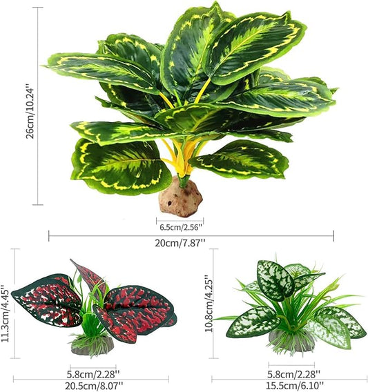Moonorange Reptile Artificial Plants, Terrarium Plants Decorations Supplies, Aquarium Fish Tank Plant, Amphibian Habitat Hideout Tank Accessories(L Set-3pcs/C)