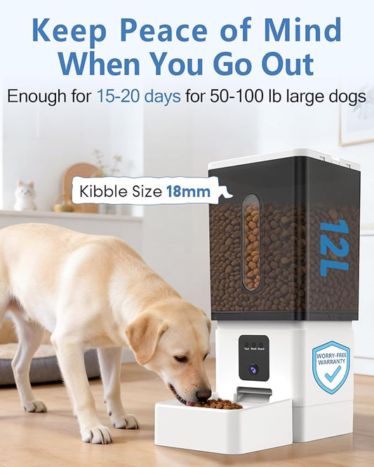 Large Dog Automatic Feeder with Camera: 12L/50 Cups Home Smart Dog Feeder for 20 Days Feeding - Anti-Clog with 20mm Wide Chute for Big Breed Owner
