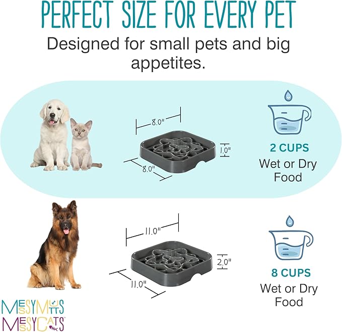 Messy Mutts Interactive Square Puzzle Feeder | Cool Grey (8 Cup) | 11' x 11' Square Slow Feeder for Dogs | Enrichment Food Dish for Slow Eating, Bloating