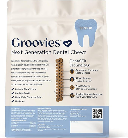 Groovies Slightly Softer, Yet Flexible Dental Chew for Senior Dogs & Delicate Chewers. Powered by USA-Patented DentalFit Tech. No Added Gluten, No Artificial Flavors or Colors. 27oz Large (27Chews)