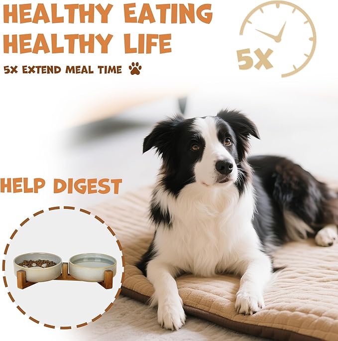 Ceramic Slow Feeder Dog Bowl Set with Stand, Cute Paw Slow Feeding Food Bowl and Water Bowl for Medium Breed, 6.3" Ceramic Non Slip Dog Dishes, Grey