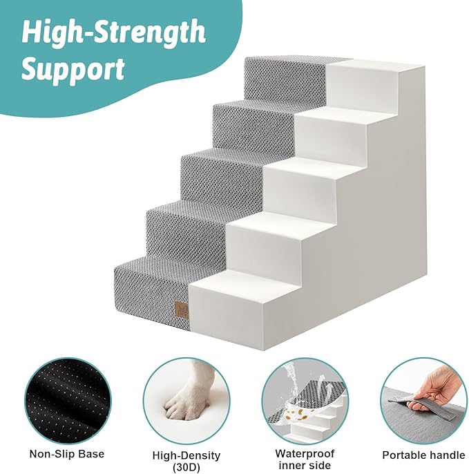 Dog Stairs for Small Dogs, 5 Tier Wider Pet Stairs for High Beds, 23.6" H Non-Slip Dog Steps for Old Cats, Puppies, Small Medium Dogs, 19.7x29.5x23.6 inch, Grey