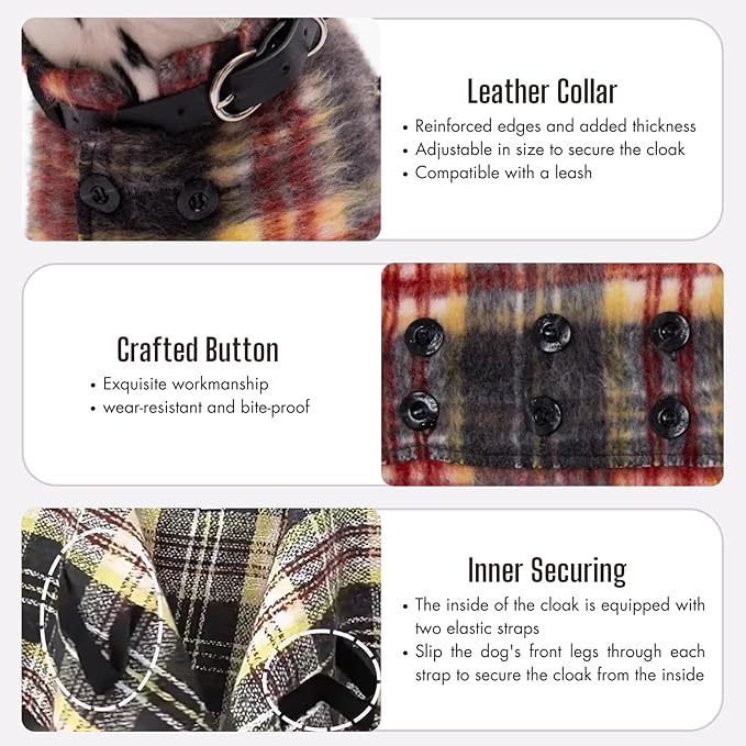 Dog Wool-Blend Luxury Cloak, Timeless Warm Plaid Coat Winter Fall Clothes Outfit Clothing Fits Small & Large Breeds (Crimson,3XS)