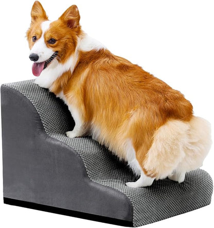 Dog Stairs for Small Dogs and Cats, 16" H 3 Steps Pet Steps Ramp for High Bed, Couch, Sofa, Waterproof Pet Stairs with Removable Washable Cover, Non-Slip Bottom, Dark Gray