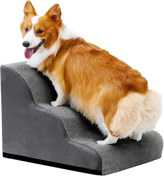 Dog Stairs for Small Dogs and Cats, 16" H 3 Steps Pet Steps Ramp for High Bed, Couch, Sofa, Waterproof Pet Stairs with Removable Washable Cover, Non-Slip Bottom, Dark Gray