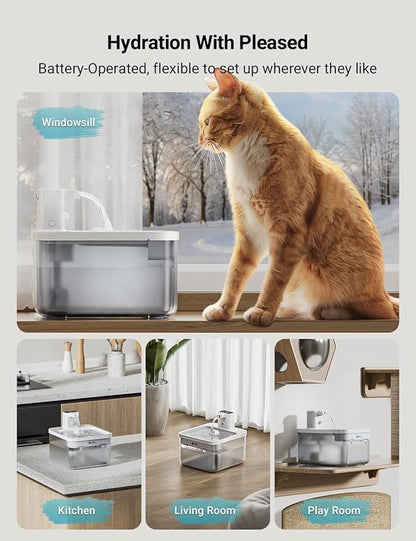 DownyPaws Battery Operated Cat Water Fountain, 84oz/2.5L Fursink Wireless Pet Water Fountain for Cats Inside, Automatic Dog Water Dispenser with Motion Sensor, Ultra Quiet Pump, BPA-Free, White