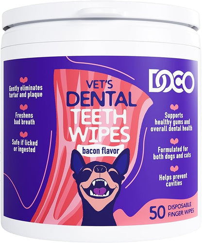 DOCO Dog Teeth Cleaning Wipes Dental Finger Wipes for Cats & Dogs Remove Plaque & Tartar, Freshen Breath, No Rinse, Easy & Effective Pet Tooth Cleaning Kit for Oral Care (Bacon Flavor, 50 Count)