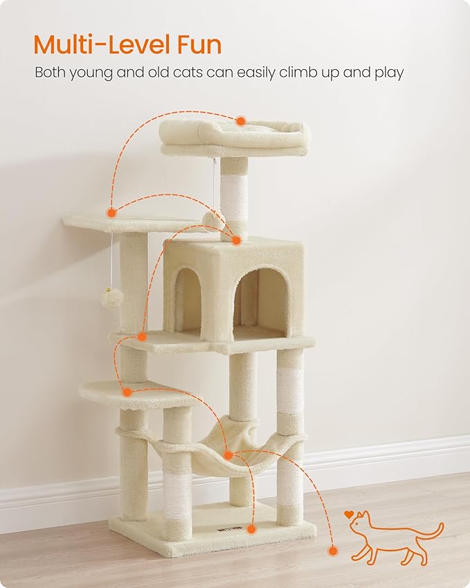 Feandrea Cat Tree, 44.1-Inch Cat Tower, Plush Multi-Level Condo with 4 Scratching Posts, 2 Perches, Hammock, Cave, Beige UPCT261M01