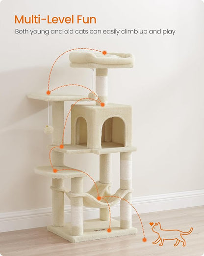 Feandrea Cat Tree, 44.1-Inch Cat Tower, Plush Multi-Level Condo with 4 Scratching Posts, 2 Perches, Hammock, Cave, Beige UPCT261M01