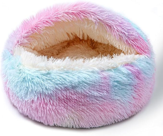 Cat Bed for Indoor Cats, Calming Cozy Cave with Self-Warming Plush, Entire Bed Machine Washable & Anti-Slip Base, Breathable Pet Bed for Small Cats&Dogs All Seasons (Dazzling colors, 24*24inch)