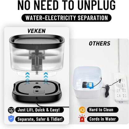 Veken Cat Water Fountain with Detachable Tank, 6 Filters & 6 Sponges, Easy to Clean & Assemble, 84oz/2.5L Pet Drinking Dispenser with Quiet Operation & LED Light for Cats, Dogs and Small Pets, Black