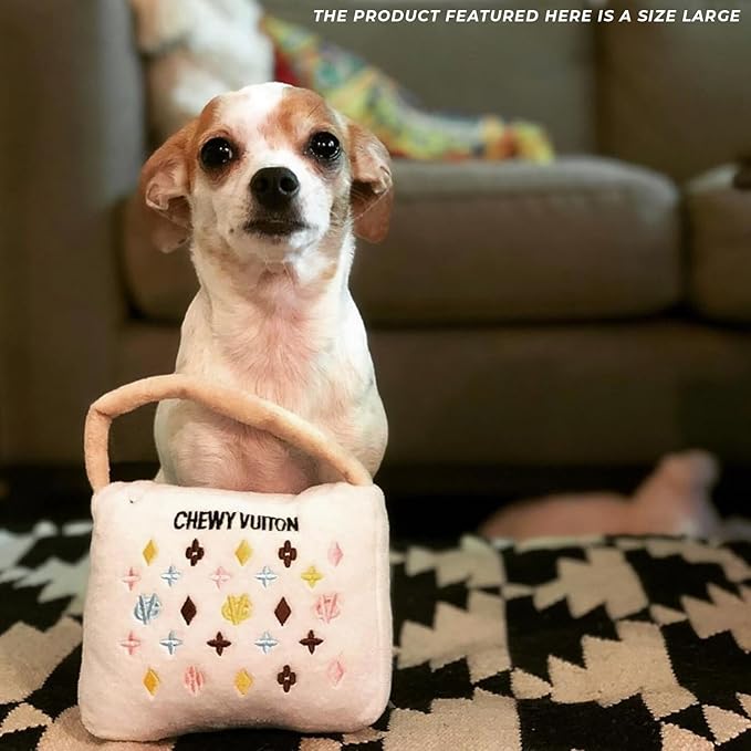 Haute Diggity Dog White Chewy Vuiton Handbag, Plush Designer Dog Toys with Interactive Squeaker, Stimulating Pet Enrichment, Machine-Washable & Safe Materials for All Breeds, Size Large