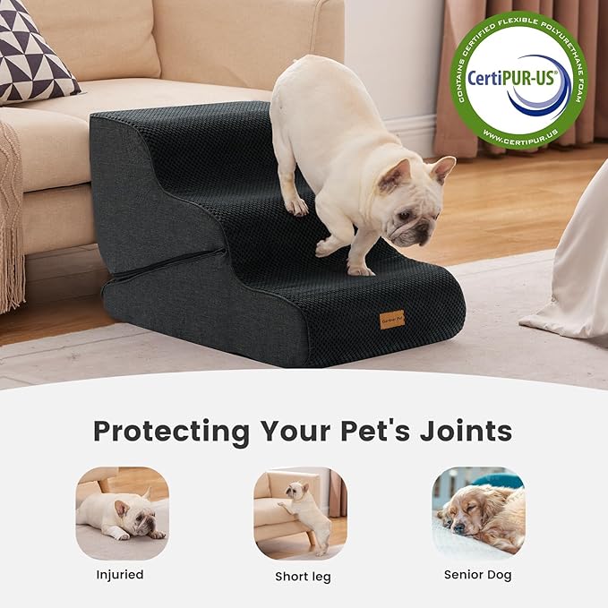 Gardner Pet Dog Stairs for Small Dogs 16.5" H, 2 in 1 Transformable 3-Step Pet Stairs and Dog Ramp for Couch (13-20 in), Black Adjustable Pet Steps with Non-Slip Waterproof Cover and CertiPUR-US Foam