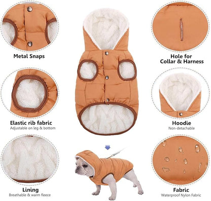 Windproof Waterproof Dog Coat Fleece & Cotton Lined Warm Jacket, Cold Weather Pet Apparel Clothes Vest for Small Medium Large Dogs Khaki