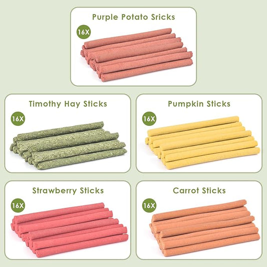 ERKOON 80Pcs Rabbit Timothy Hay Sticks, Five Flavors：PurplePotato/TimothyHay/Pumpkin/Strawberry/Carrot，Suitable Guinea Pig, Hamste, Gerbil, Chinchilla Treats, Chew Toys for Teeth for Bunnies ﻿