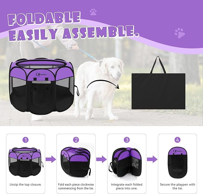 Dog Cat Playpen, Puppy Pet Playpen, Small Dogs Tent Crates Cage Indoor/Outdoor, Portable Pop Up Dog Kennel Playpen with Carrying Case for Dogs/Cats/Rabbits,Purple