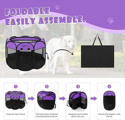 Dog Cat Playpen, Puppy Pet Playpen, Small Dogs Tent Crates Cage Indoor/Outdoor, Portable Pop Up Dog Kennel Playpen with Carrying Case for Dogs/Cats/Rabbits,Purple
