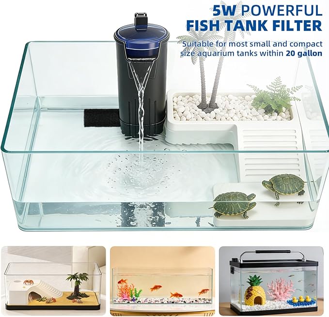 Turtle Tank Filter Aquarium Internal Filter for 3 to 20 Gallon Fish Tank, Bio-filtration Low Water Level Small Power Canister Filter, Frog Shrimp Newt Betta Water Clean, Hang On Back Waterfall Quiet