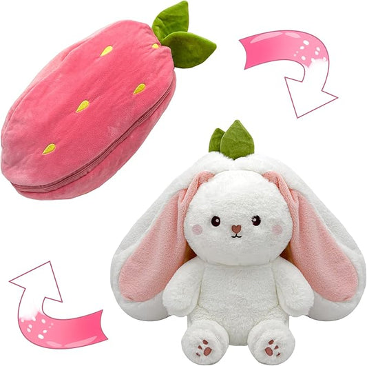 YOUBLEK Bunny Stuffed Animal,Strawberry Reversible Cuddle Bunny Plush Doll with Zipper Cute Soft Rabbit Toys Pillow for Kids and Adults Easter Bunnies Plushies Gifts (Strawberry, 7.09 inches)