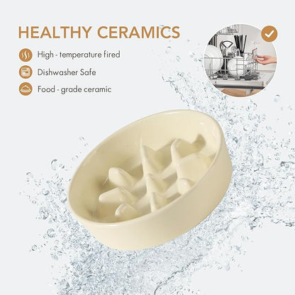 Ceramic 0.9 Cup Dog Raised Slow Feeder Set, Elevated Bowl with Wooden Stand for Small Dog, 6.1inch Pet Slow Feeder Dish for Fast Easters, Preventing Choking (Beige, Single Bowl+ Stand)