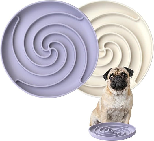 Slow Feeder Dog Bowls, Dishwasher Microwave Safe Silicone Puppy Puzzle Bowl with Non-Slip Design for Eating (White and Purple)