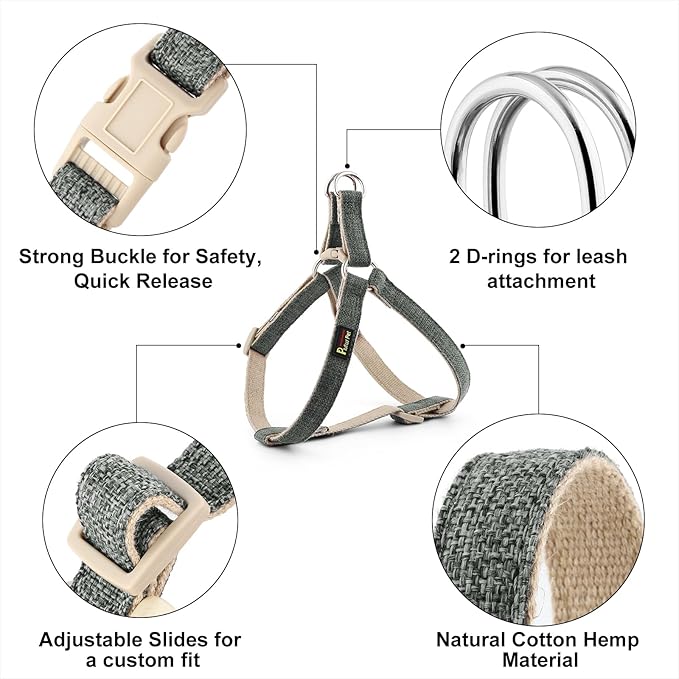Plutus Pet Cotton Hemp Step in Dog Harness, Sustainable, Lightweight and Escape-Proof, Quick Fit Dog Harness for Puppy Small Medium and Large Dogs, Gray, L