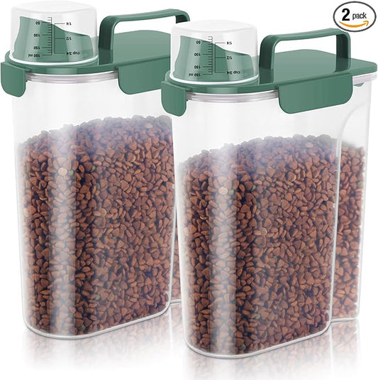 5-7lbs Cat Dog Storage Container Portable with Upgraded Large Spout and Cup, Plastic Pet Food Dispenser BPA-Free for Small Animal Kibble, Bird Seed, Oatmeal, Rice, Flour-2Pack Dark Green