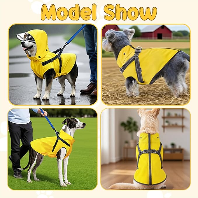 Dog Raincoat: Dog Rain Jacket with Reflective Harness & Removable Hood | Waterproof Dogs Rain Coat Poncho for Large Medium Small Dogs Puppies (Yellow - XL)