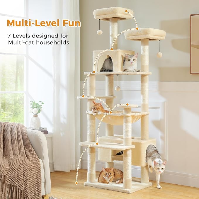 PAWZ Road Large Cat Tree, 72 Inches Cat Tower for Large Cats, Cat Condo with Sisal-Covered Scratching Posts and Pads, 2 Padded Perch, Dual Condo and Basket for Indoor Cats-Beige