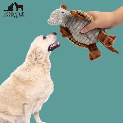 Hollypet Plush Dog Squeaky Toy Stuffed Armadillo Animal Pet Puppy Chew Toys with Clean Teeth for Small Medium Large All Breed Sizes Dogs, Light Brown, 8 in