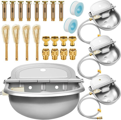 Tessco 4 Sets 4L/135oz Automatic Animal Drinking Water Trough Bowl with Float Valve Stainless Steel Waterer Kit for Dog Horse with Pipe Connector Adapter Countersunk Bolt (with Drainage Hole)