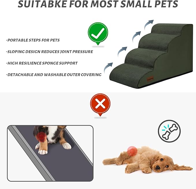 Dog Steps for Bed, 4-Step Dog Stairs Ramp for Small Dogs and Cats, Indoor Non-Slip Pet Stairs Suitable for Older, Short-Legged, and Puppy Dogs to Climb Onto High Beds and Couch, 17.4" H,Green